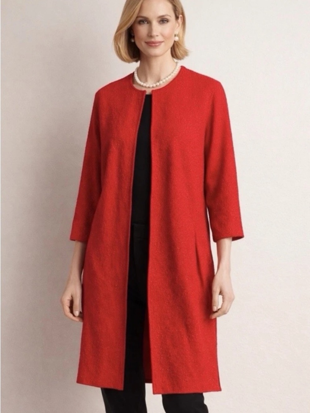St. John Red Open Front Long Line Cardigan Duster Wool Blend Texture
